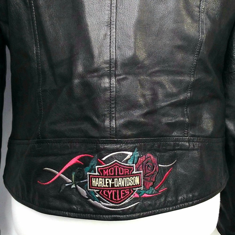Harley Davidson Black Leather Moto Jacket Embroidered Logo Rose Size Medium - Picture 8 of 12